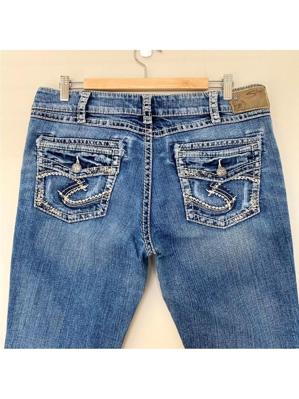 Silver Suki Mid Baby Boot Jeans Faux Flap Pocket Women's 34x33 Thick Stitching